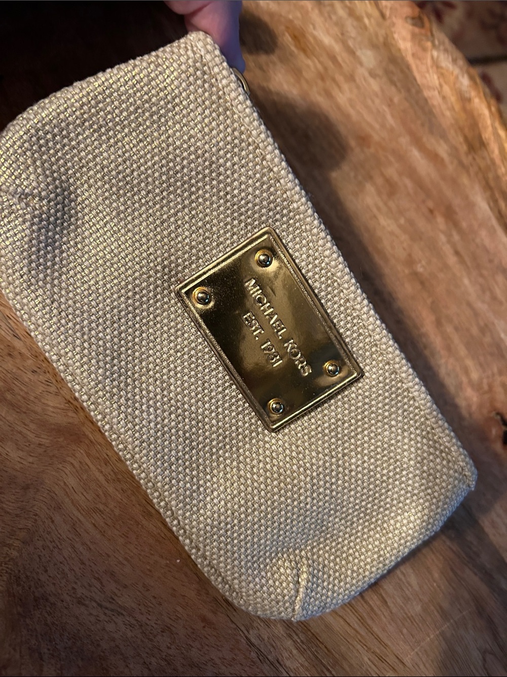 Michael Kors Cream Canvas Key & Card Holder with Gold Plaque